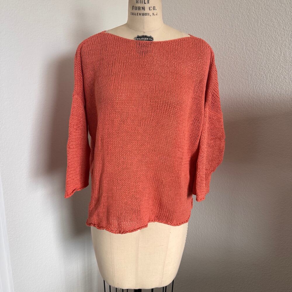 Eileen Fisher - Size Petite PL Coral Organic Cotton Open Knit Sweater Boatneck